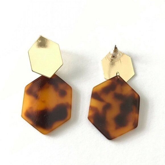 Claudette Resin Drop Earrings Gold Blond Tortoise Post Back - Picture 2 of 2